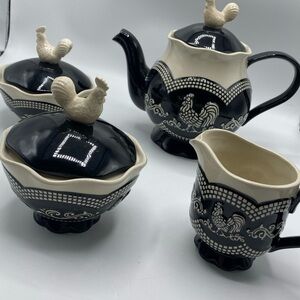 TempTations Doodle Do Black Ivory Teapot Creamer And Bowls W Lids Rooster